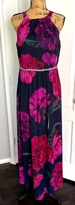 SLNY Kleid Maxi Neckholder Strass Gürtel Blumen Hawaii gefüttert Fuchsia Rosa 10 - Bild 1 von 7