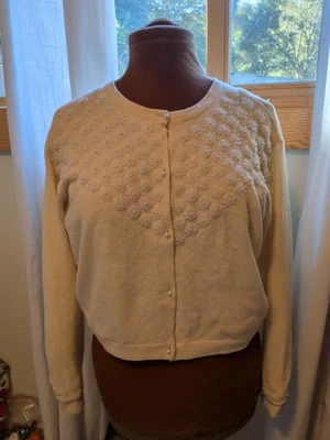 Suéter Cárdigan Raro Años 50 60 GRANDE Forrado Crema Lana Cuentas  Foto 1 de 4