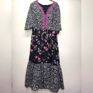 eShakti Floral Maxi Dress S 4 6 Tiered Ruffle Layered Pockets 3/4 Sleeves - Picture 1 of 9