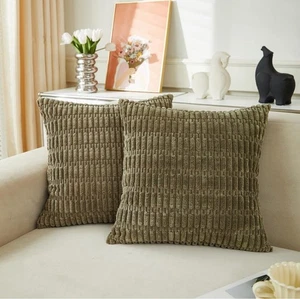 Pack of 2 Corduroy Decorative Throw Pillow Covers 18x18” Olive Green Soft - New! - Picture 1 of 4
