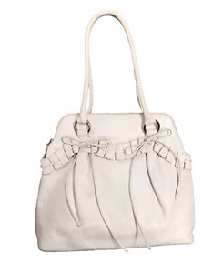 Cynthia Rowley Large Leather Handbag White Double Handles Ruffled Details Zipped - Picture 1 of 9