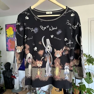 Womens Medium Black Rhinestone Bow Wow Cat Dog Lover Casual 3/4 Sleeve Shirt - Picture 1 of 5