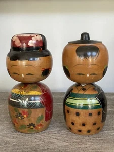 Pair of Vintage Japanese Wooden Kokeshi Dolls boy amd girl 4-5”h turnable head - Picture 1 of 6