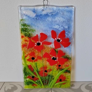 Lesley Ann Poppies Fused Glass Art Plaque Suncatcher - Picture 1 of 12