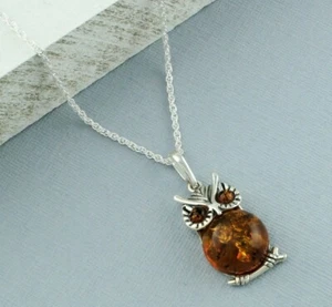925 Sterling Silver Baltic Amber Owl Pendant Chain Necklace 24" - Picture 1 of 3