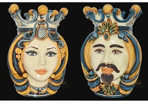 Testa di Moro Uomo Donna Ceramica di Caltagirone Vaso soprammobile Portavasi Blu - Imagen 1 de 3