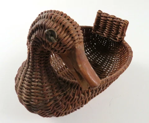 Vintage Woven Wicker Basket, Duck Figure with Turned Head, 7" Long Cover