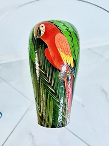VINTAGE HANDMADE WOODEN 9.5”VASE/HANDPAINTED TROPICAL PARROT DESIGN - Picture 1 of 12