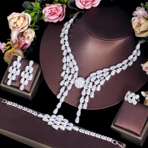Top Silver Plated CZ Tassel Wedding Necklace Earrings Bracelet Ring Jewelry Set - Bild 1 von 8