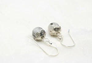 Rutilated Quartz Black White 8mm Ball Gemstone Earrings 925 Sterling Silver 1" - Picture 1 of 5