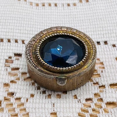 Vintage Pill Box Round Blue Rhinestone Hinged Lid Hatched Metal Art Deco Trinket - Image 1 of 4