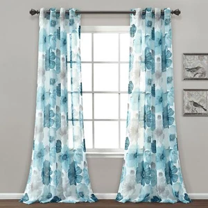 Leah Floral Sheer Window Curtain Panels Pair 52" W x 84" L Blue - Floral Curt... - Picture 1 of 10
