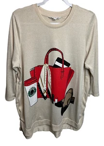 Kiss & Fly 3/4 Sleeve Coffee Purse Shoes graphic design Pullover Top Sz 1x - Picture 1 of 7
