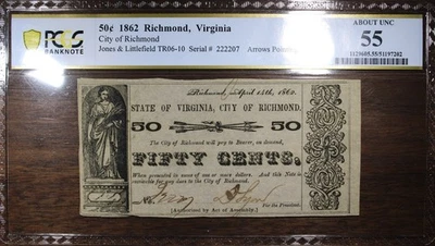 1862 50 Cents Richmond Virginia Jones & Littlefield PCGS 55 - Image 1 of 2