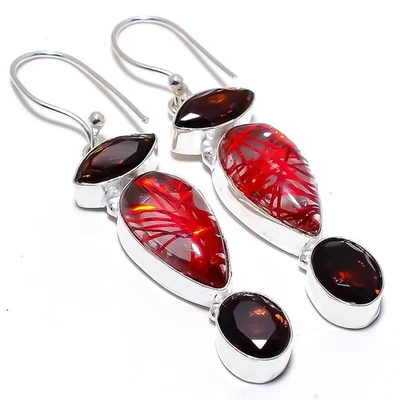 Rosso Rutilo Quarzo, Granato Gemma 925 Argento Sterling Gioielli Orecchino - Immagine 1 di 4