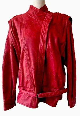 Chaqueta de cuero roja vintage años 80 para mujer Thriller cuello botón lateral moto grande Foto 1 de 4