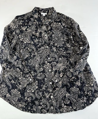 J Jill Shirt Womens XL Navy Ivory Cotton Floral Paisley Button Up Long Sleeve - Image 1 of 4