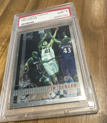 Tim Duncan 1997 Topps Chrome RC San Antonio Spurs HOF #115 PSA 9 Mint - Image 1 of 3
