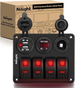 Nilight 4Gang Rocker Switch Panel with USB Charger Voltmeter and Red, Red - Bild 1 von 8