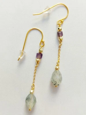 Orecchini pendenti in argento 925 laminato oro con ametista prehnite ed ematite  - Immagine 1 di 4