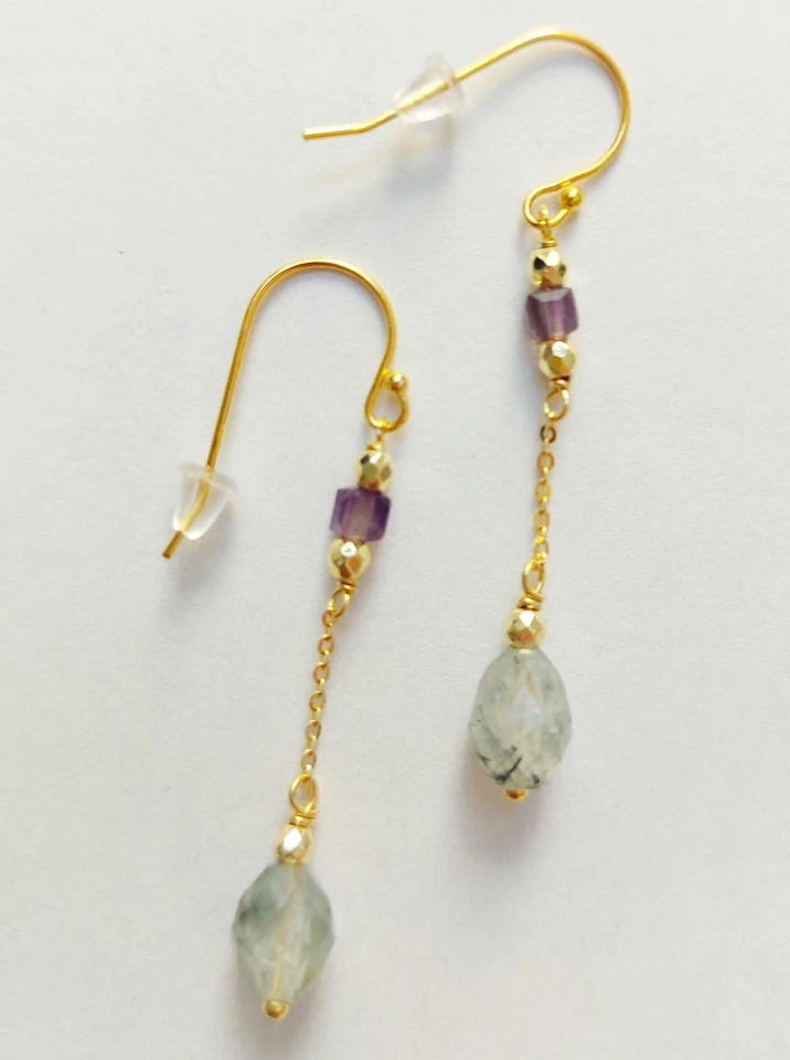 Orecchini pendenti in argento 925 laminato oro con ametista prehnite ed ematite  - Immagine 1 di 4