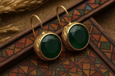 Museum Edwardian Earrings Green Bezel Leaf Gold Cameo Flower Geometric Court VTG - Image 1 of 4