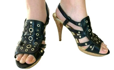 MICHAEL Michael Kors 8 1/2 Cuero Negro Tacones de aguja Plataforma Ojal Corcho Foto 1 de 4