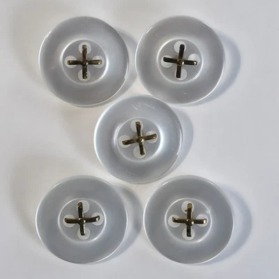 Vintage 4-Hole Wire Shank Buttons Plastic White Gold Accents 5 Pieces 34.2 mm - Image 1 of 4