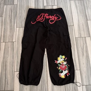 Pantalones Ed Hardy Negro Carga Pierna Ancha Sueltos Multibolsillo Gráfico Logo True Love XL - Imagen 1 de 12