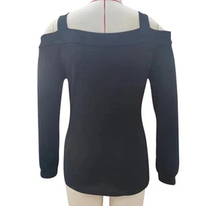 Women Long Sleeves Top Cold Shoulder Hollow Out Neckline Pure Color Casual T Shi - Picture 1 of 3