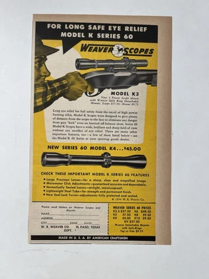 Винтаж 1954 печатная реклама Weaver прицелы модель K серии 60 K 3 разделенное кольцо крепление реклама - Изображение 1 из 3
