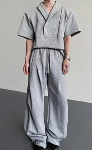 New Men Short Sleeve Loose Button Lapel Shirt Tops Long Wide-leg pants trousers - Picture 1 of 9