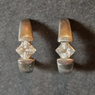 Ross Simons Sterling Silver Huggie Earrings Rhombus Shape CZ 925 Pierced - Image 1 of 4