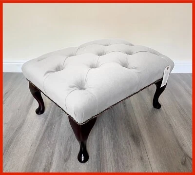 Chesterfield Queen Anne Button White Velvet Footstool - Image 1 of 4