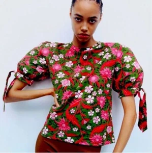 Zara Print Floral Tied Puffy Sleeves Top - Picture 1 of 6