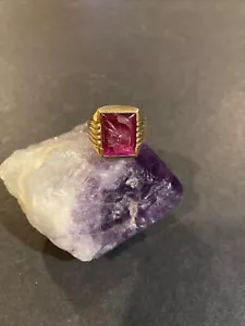 Vtg B&F Baden Foss 10K Solid Yellow Gold and Synthetic Ruby Man Ring Size 9.5 - Picture 1 of 10