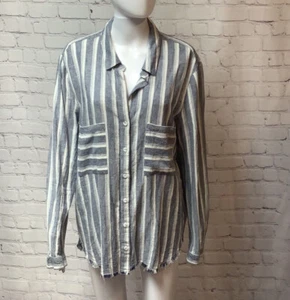 Catherine Malandrino NWT Blue Chambray Striped Fray Hem Linen Blend Blouse Top L - Picture 1 of 11