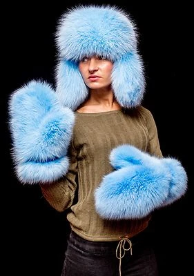 Подлинный первоклассный небесно-голубой лисий мех ручной работы набор варежек авиатор траппер шляпа  - Изображение 1 из 3