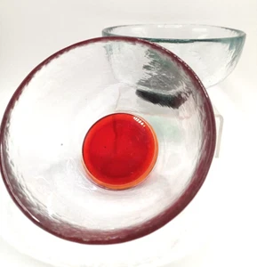 Hand Blown Glass Berry Bowls Colored Base Feet Green Red Thick 4.5 inches - Picture 1 of 9