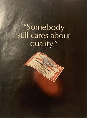 Etiqueta publicitaria impresa de cerveza Budweiser 1974 de colección años 70 a alguien todavía le importa la calidad Foto 1 de 4