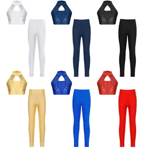 Kids Girls Tracksuit Stretchy Crop Top With Pants Dance Vest And Tights Racer - Picture 1 of 58