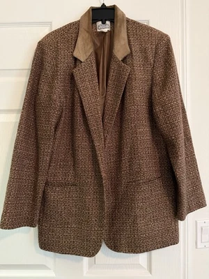 Blazer de tweed vintage The Villager marrón mezcla de lana para mujer talla 14 COLLAR GAMUZA Foto 1 de 4