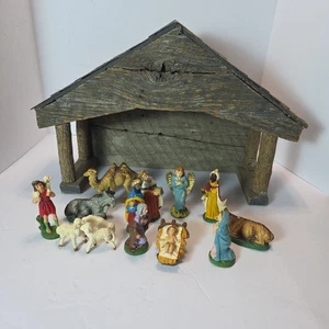 Vintage Nativity Set 20" x 13" Made In Italy Creche Wood Stable 14 Figurines - Picture 1 of 18
