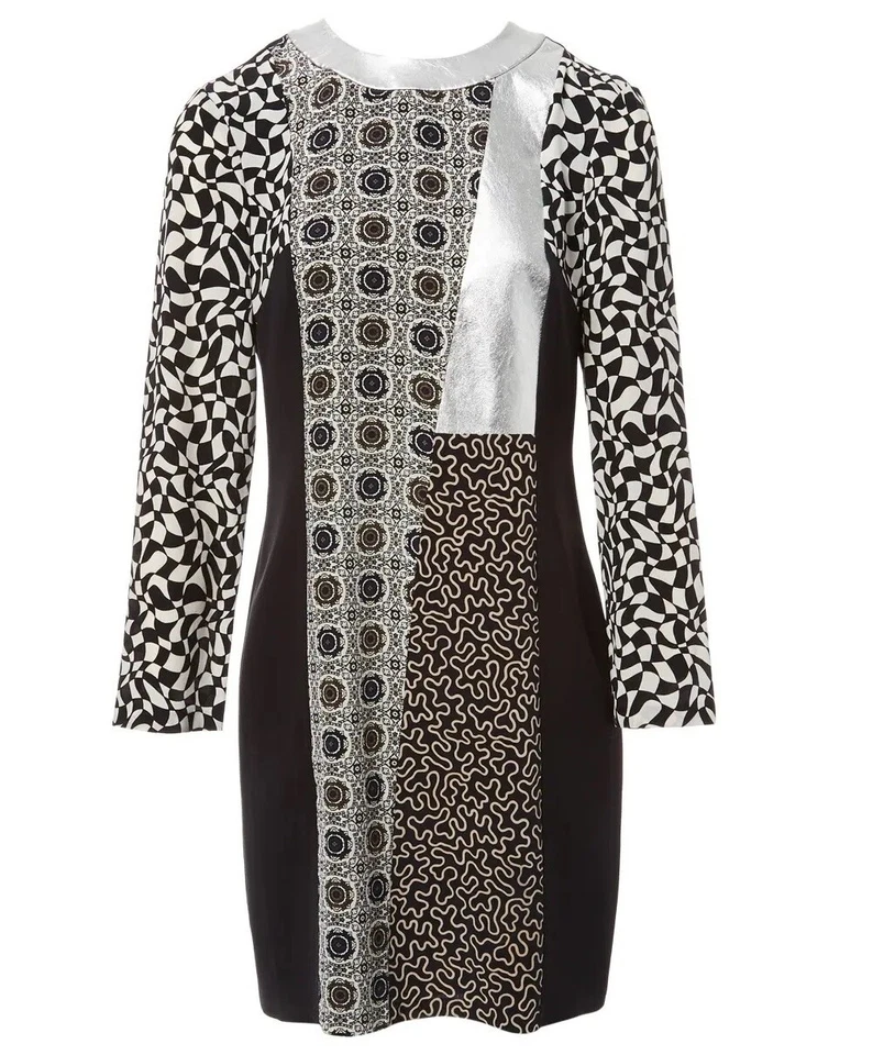 Raoul 豪华黑色丝绸和皮革连衣裙,尺寸 O/US Fr 32,正品,二手状况完好,独特 — 第 1/4 张图片