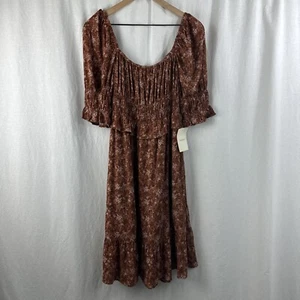 Bohme Brown Floral Square Neck Puff Sleeve Boho Midi Dress Womens Size S Peasant - Picture 1 of 12
