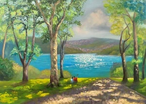 Bosphorus Landscape Oil Painting View Romantic Art Canvas Coastline Collectible - Picture 1 of 5