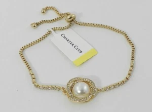 NWTCHARTER CLUB Gold-Tone Interlocking Crystal & Pearl Slider Bracelet - Picture 1 of 3