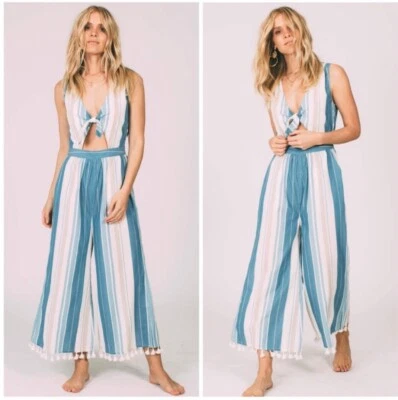 Mono Free People Cleobella Canela Rayas Azul Algodón India Para Mujer L Nuevo Foto 1 de 4