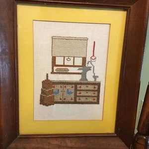 VTG Farmhouse Cottagecore Completed Cross Stitch Framed Country Churn - Picture 1 of 11