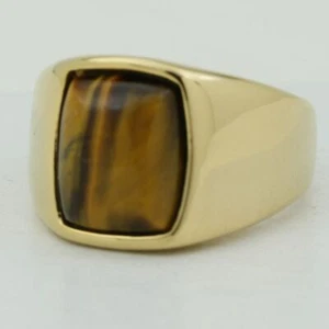 DG Men's Stainless-Steel Natural Tigers Eye Ring #8.9-13 Gold plated Box - Picture 1 of 3